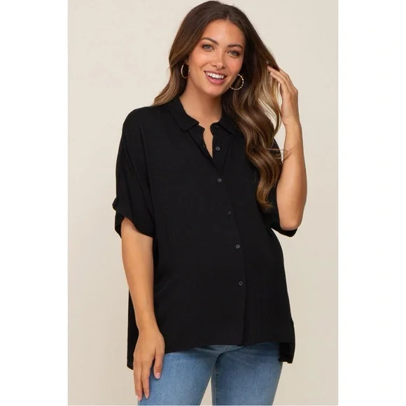 Vine & Love Black Button Up Dolman Short Sleeve Maternity Top - Picture 1 of 17